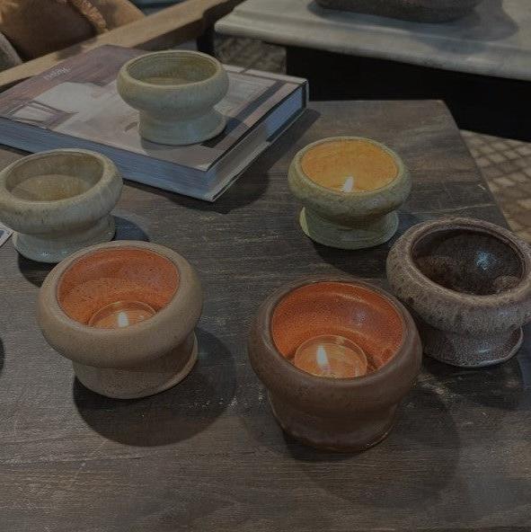Greige Rustic Ceramic Cup Tealight Holder - Various Colours