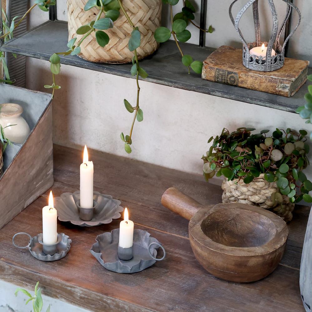 Greige Scalloped Edge Antique Zinc Chamberstick Candle-Holder