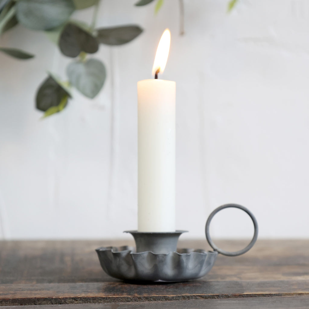 greige Scalloped Edge Antique Zinc Chamberstick Candle-Holder
