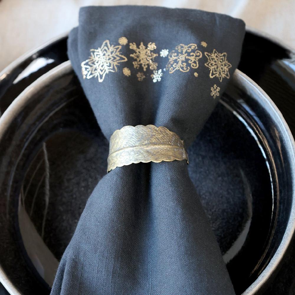 greige Set of Four Fine Leaf Napkin Rings - Antique Brass