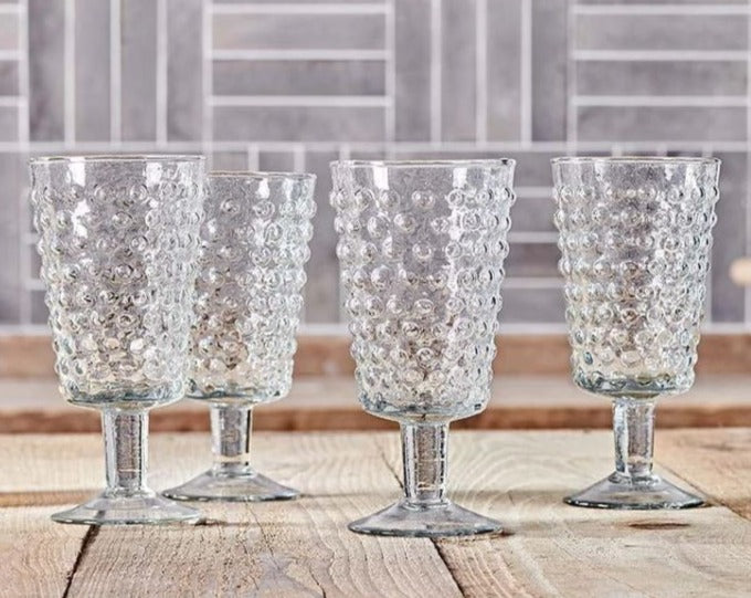 greige Set of Four Recycled Glass Wine Glasses with Bobbled Finish