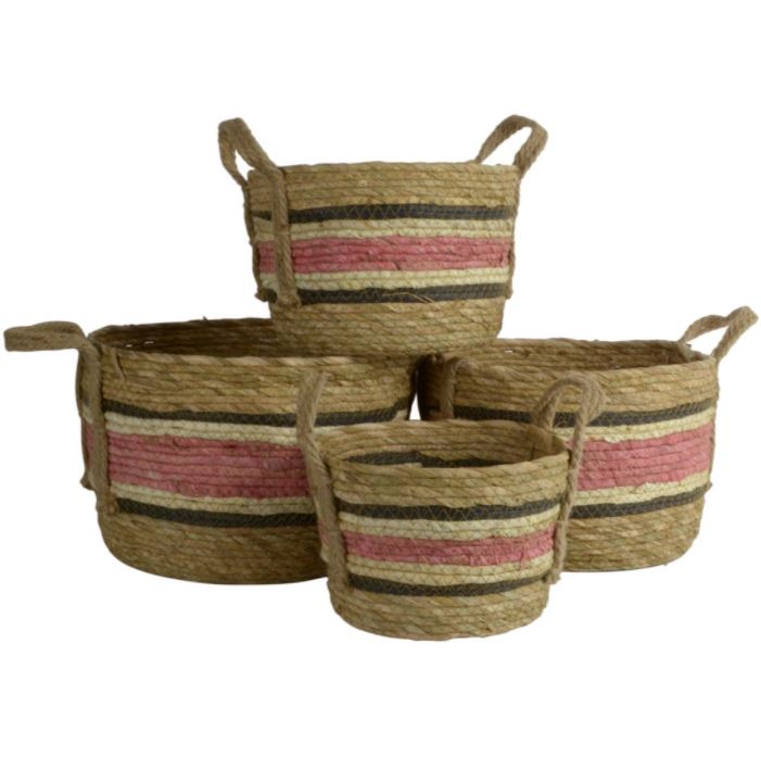 Greige Set Of Four Round Straw & Corn Baskets - Natural Rose