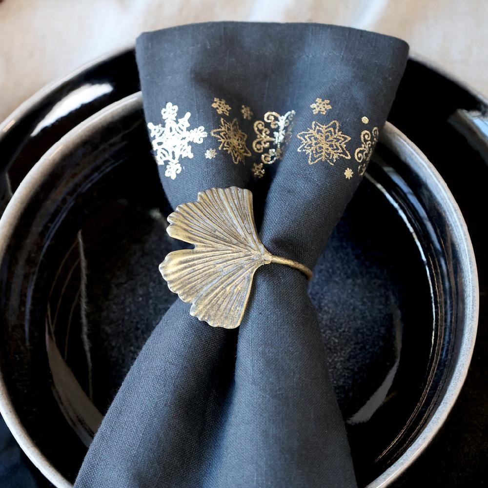 greige Set of Four Single Ginkgo Leaf Napkin Rings - Antique Brass