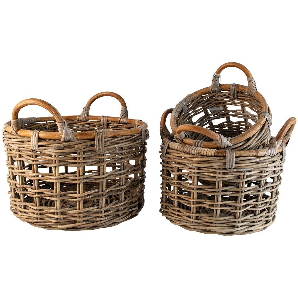 Greige Set Of Three Round Kubu Rattan Storage Baskets