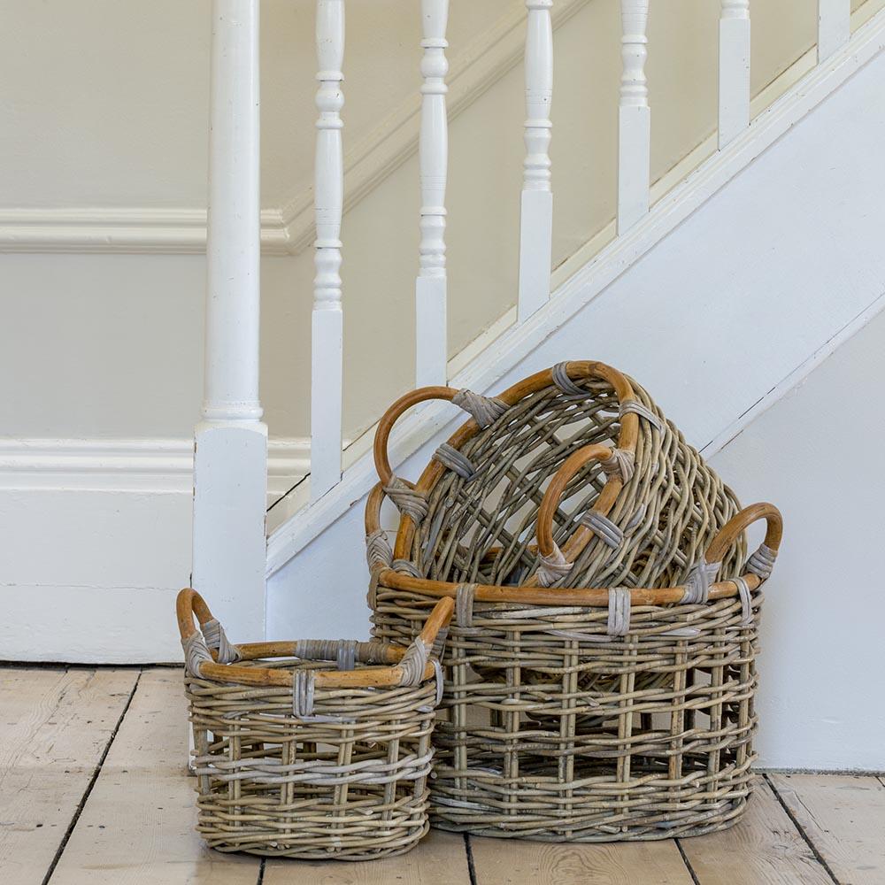 greige Set of Three Round Kubu Rattan Storage Baskets