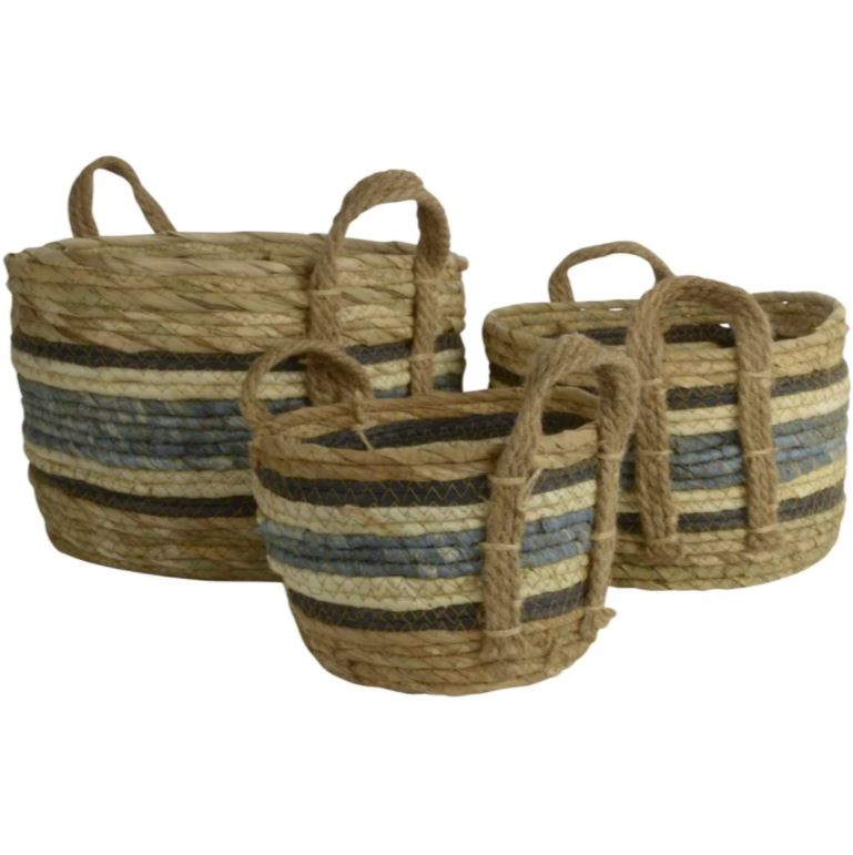 Greige Set Of Three Round Straw & Corn Baskets - Blue Stripe