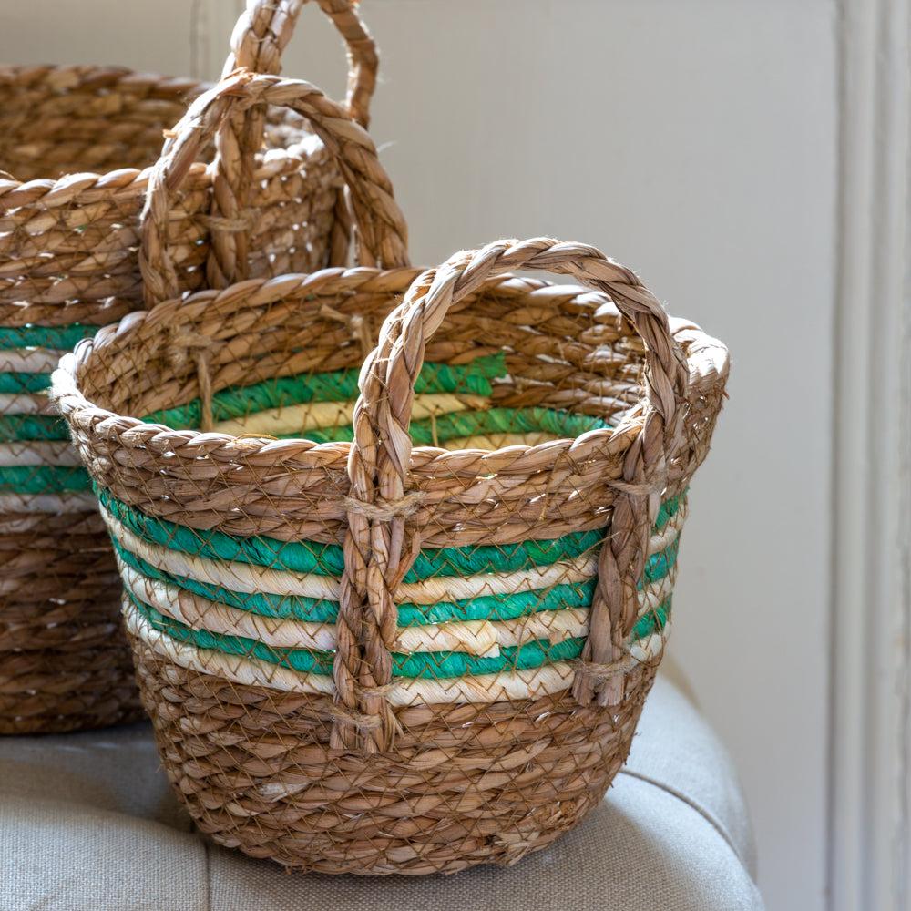 Greige Set Of Three Round Straw & Corn Baskets - Green Stripe