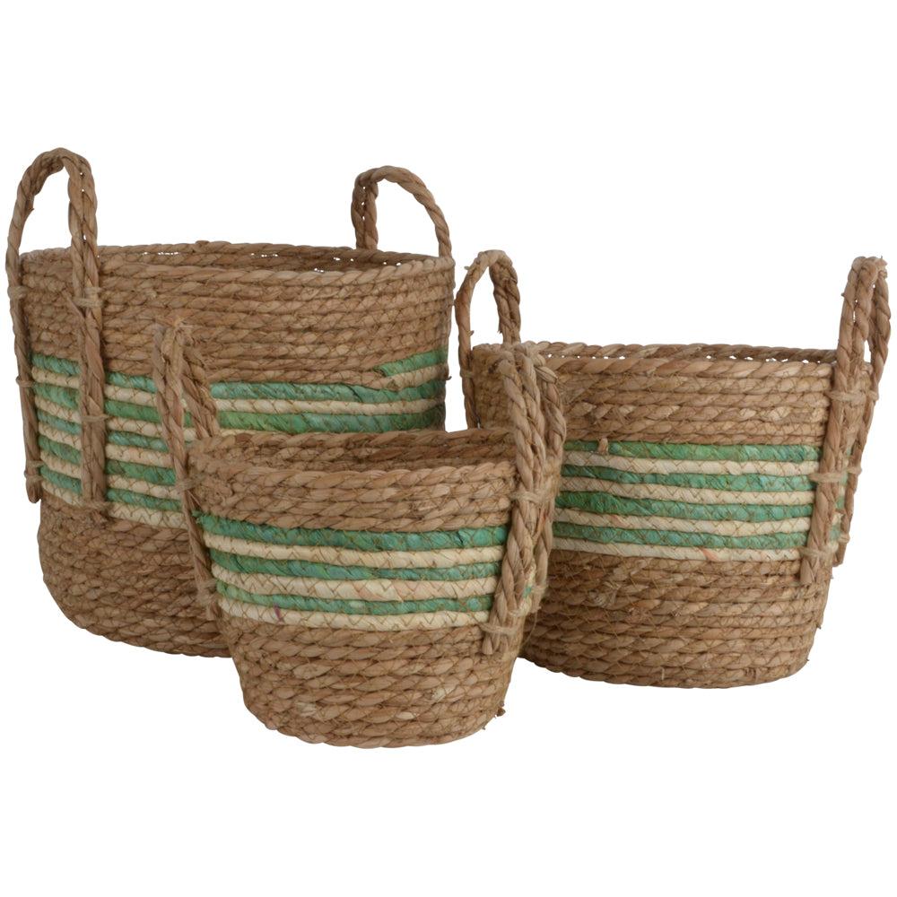 Greige Set Of Three Round Straw & Corn Baskets - Green Stripe