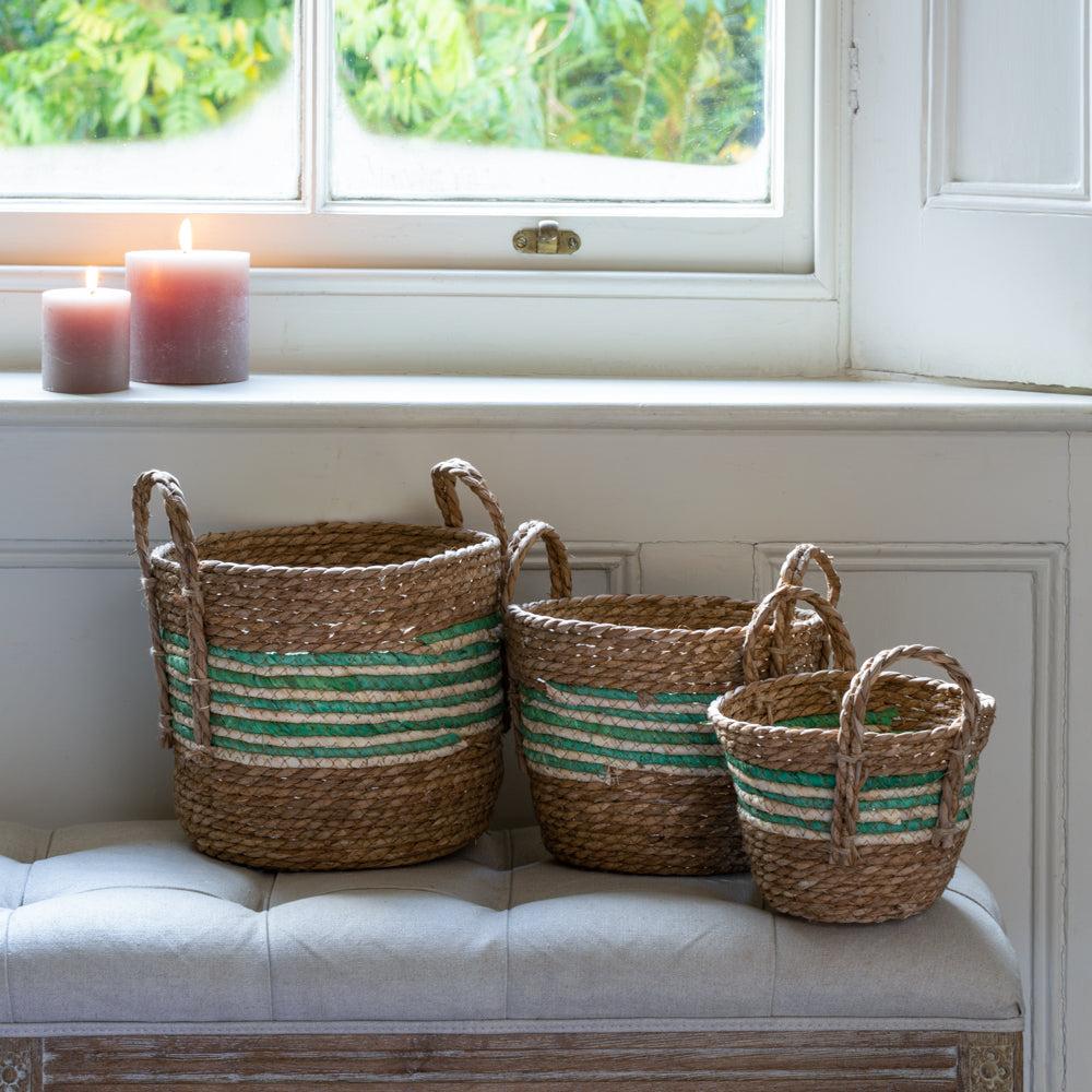 greige Set of Three Round Straw & Corn Baskets - Green Stripe