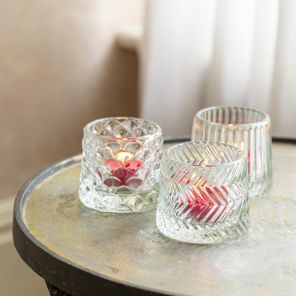 greige Set of Three Small Decorative Glass Tealight Holders - Clear