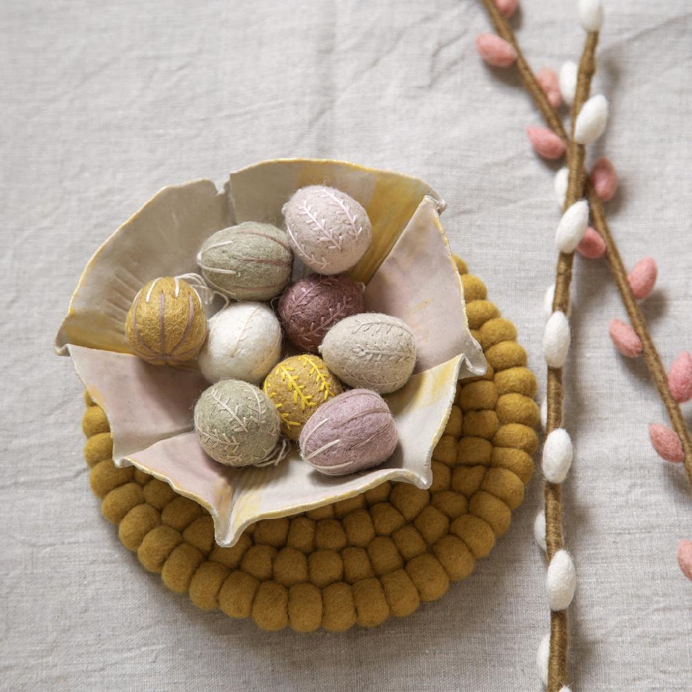 Greige Set Of Three Small Hanging Felt Eggs With Embroidery