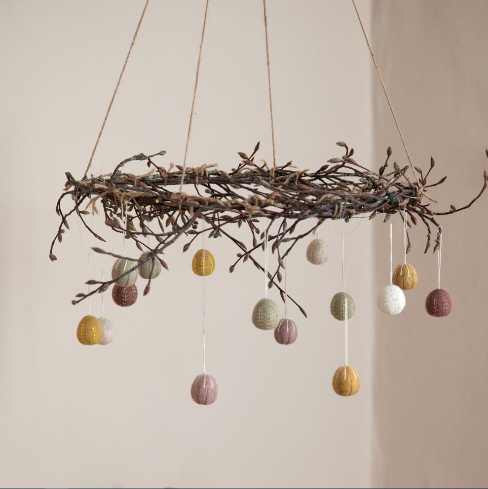 Greige Set Of Three Small Hanging Felt Eggs With Embroidery