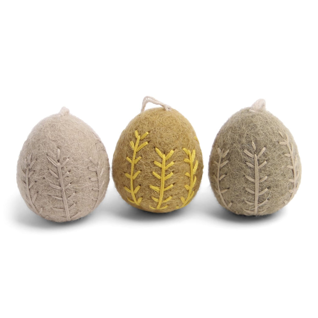 greige Set of Three Small Hanging Felt Eggs with Embroidery