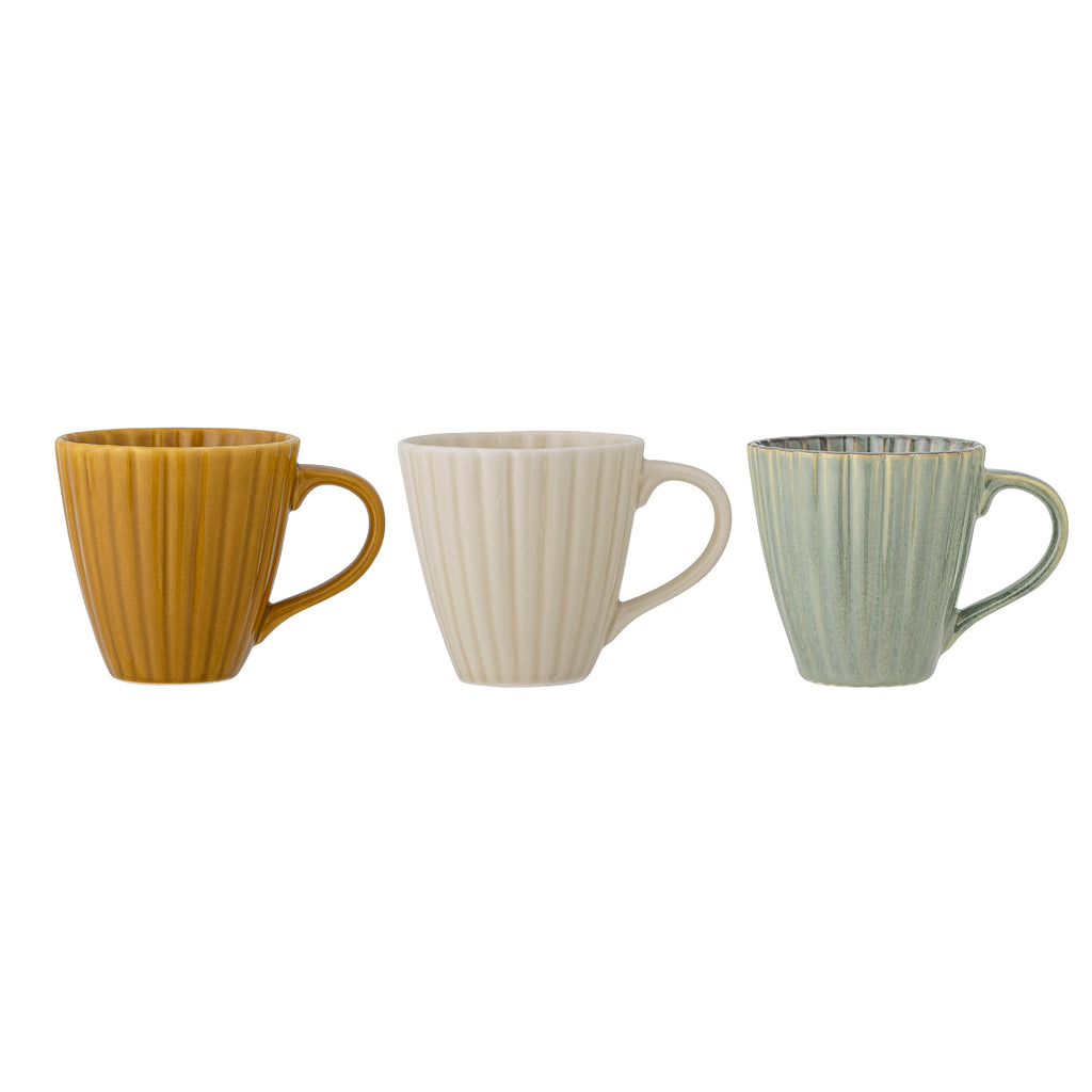 Greige Set Of Three Stoneware Mugs - Cream Green Ochre