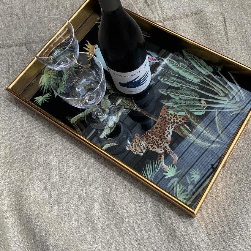 Greige Set Of Two Rectangular Mirrored Trays - Parrot Design