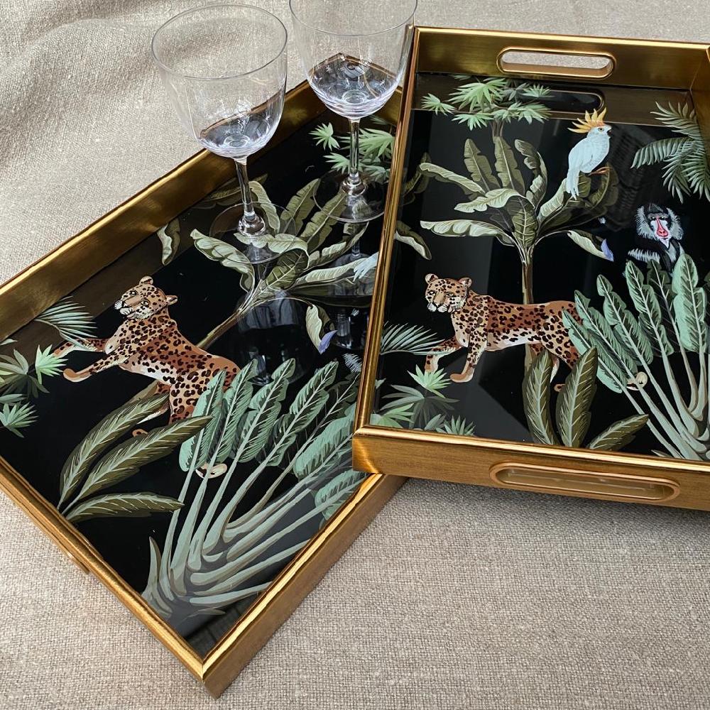 Greige Set Of Two Rectangular Mirrored Trays - Parrot Design