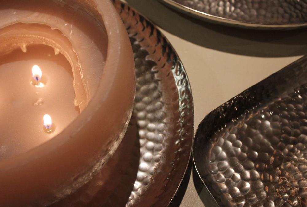 Greige Shiny Hammered Nickel Candle Tray Plate - Square - Three Sizes