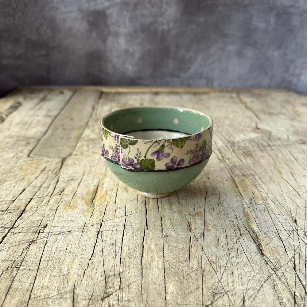 Greige Small Handmade Ceramic Bowl By Virginia Graham - Floral With Spots