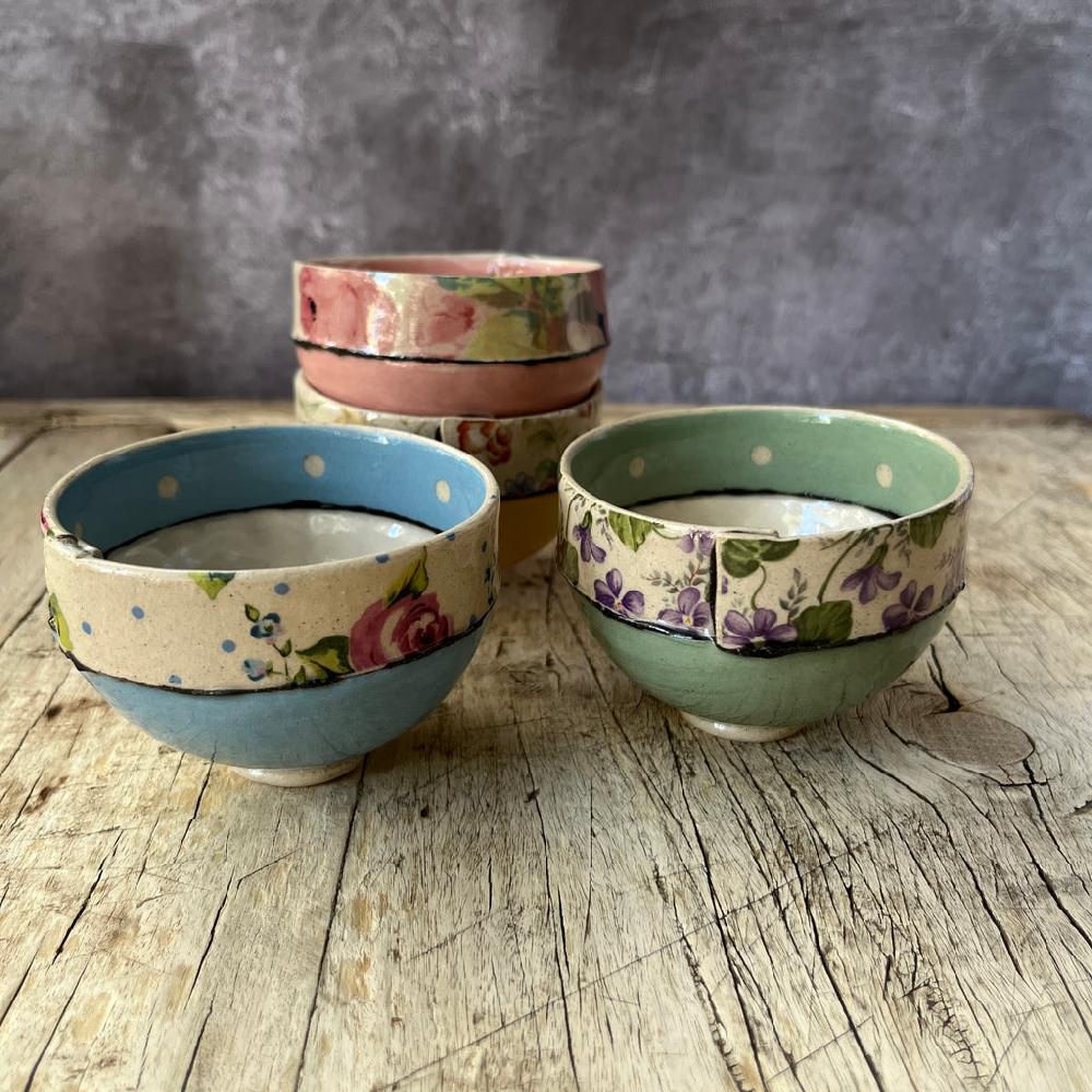 Greige Small Handmade Ceramic Bowl By Virginia Graham - Floral With Spots