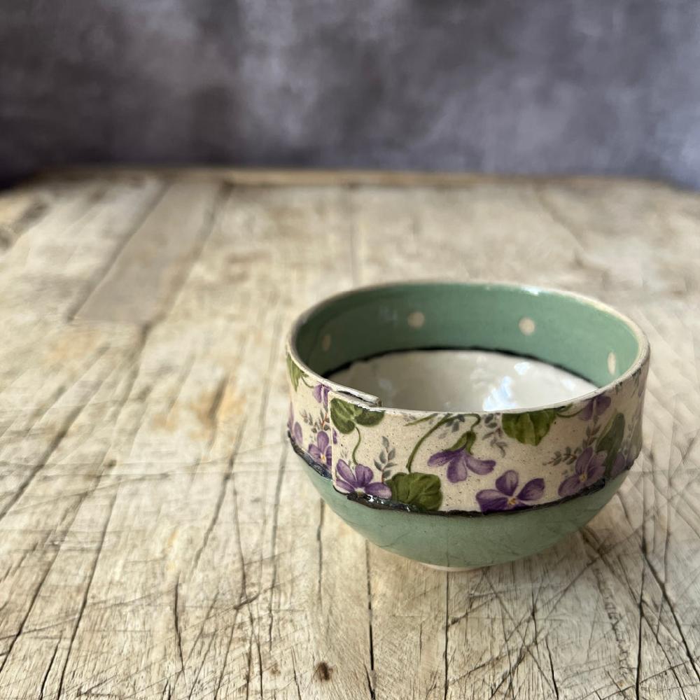 Greige Small Handmade Ceramic Bowl By Virginia Graham - Floral With Spots