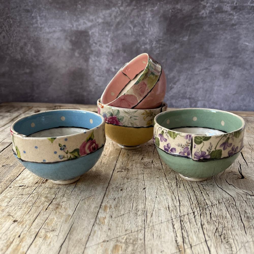 greige Small Handmade Ceramic Bowl by Virginia Graham - Floral with Spots