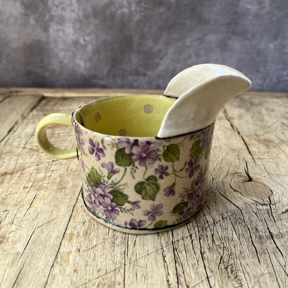 Greige Small Handmade Ceramic Jug By Virginia Graham - Floral With Stripes Or Spots