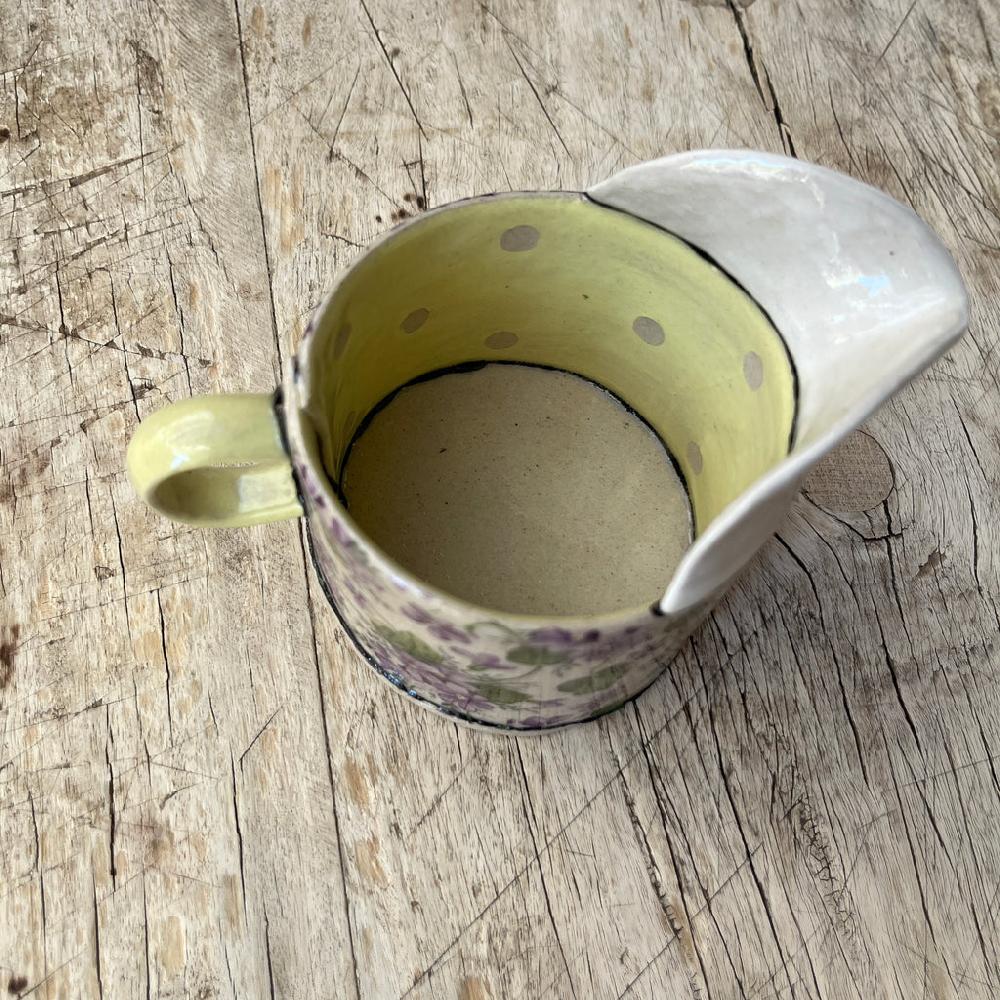 Greige Small Handmade Ceramic Jug By Virginia Graham - Floral With Stripes Or Spots