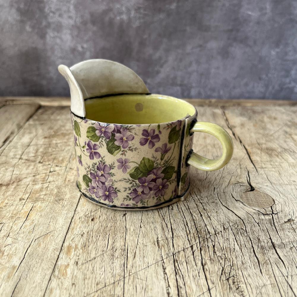 Greige Small Handmade Ceramic Jug By Virginia Graham - Floral With Stripes Or Spots