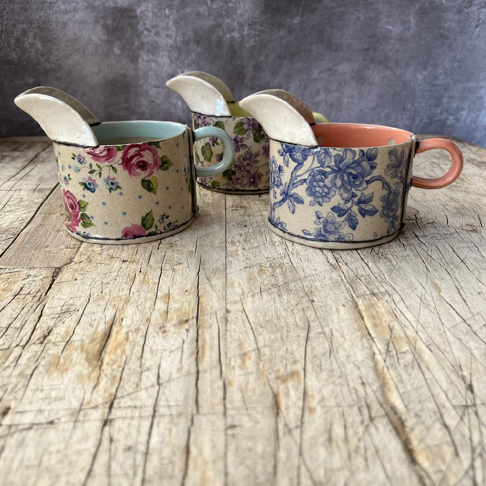 greige Small Handmade Ceramic Jug by Virginia Graham - Floral with Stripes or Spots