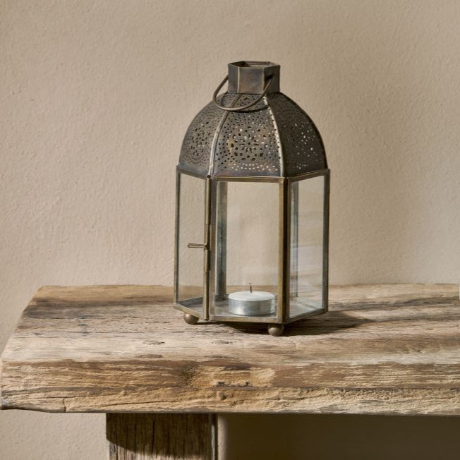 Greige Small Perforated Antique Finish Tealight Lantern
