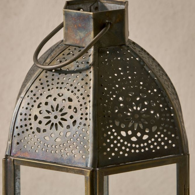 Greige Small Perforated Antique Finish Tealight Lantern