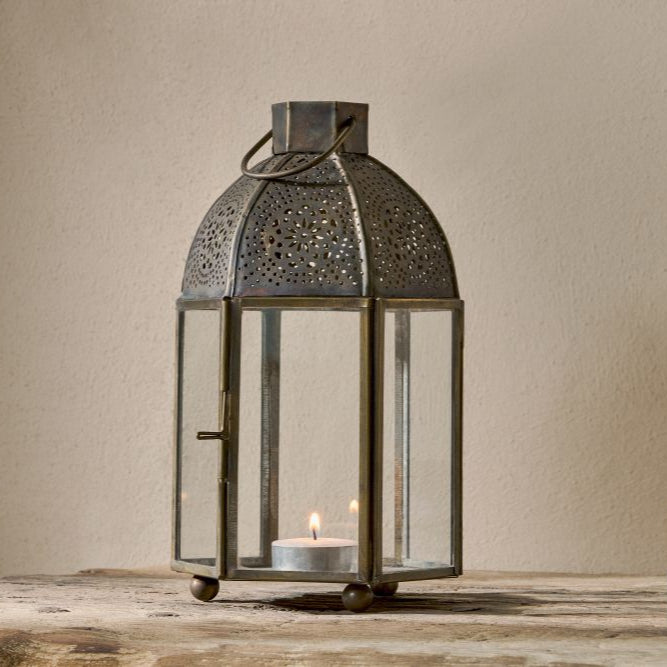 Greige Small Perforated Antique Finish Tealight Lantern
