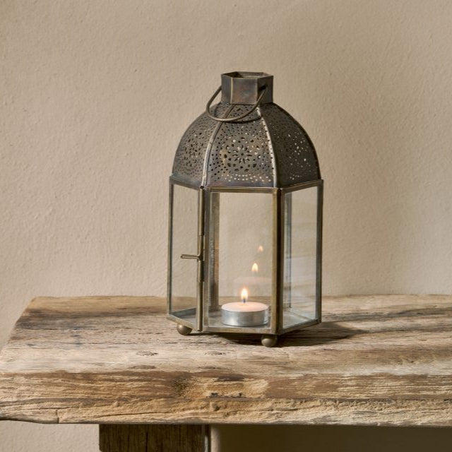 greige Small Perforated Antique Finish Tealight Lantern