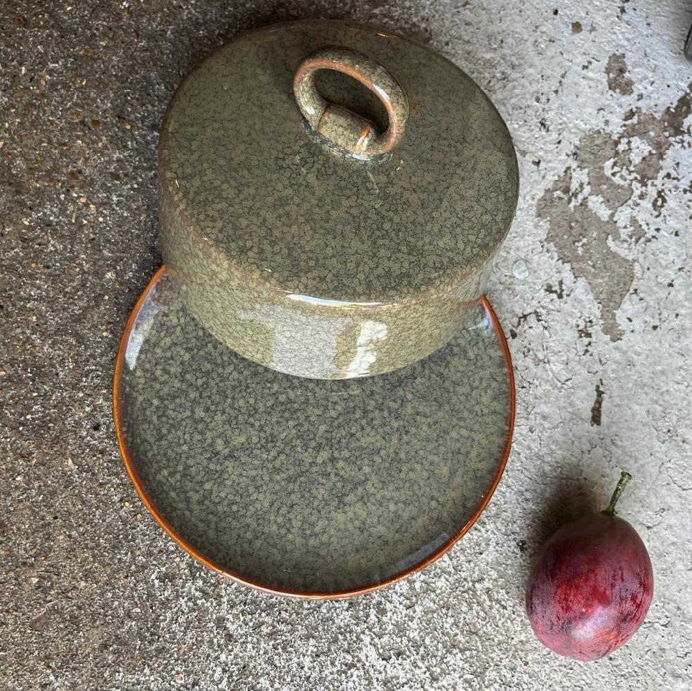 Greige Stoneware Butter Or Cheese Dish - Speckle Green