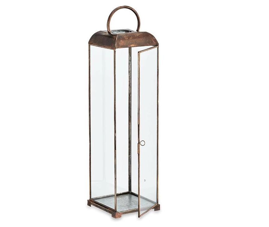 Greige Tall Antiqued Brass Metal Box Lantern - Kas - Two Sizes