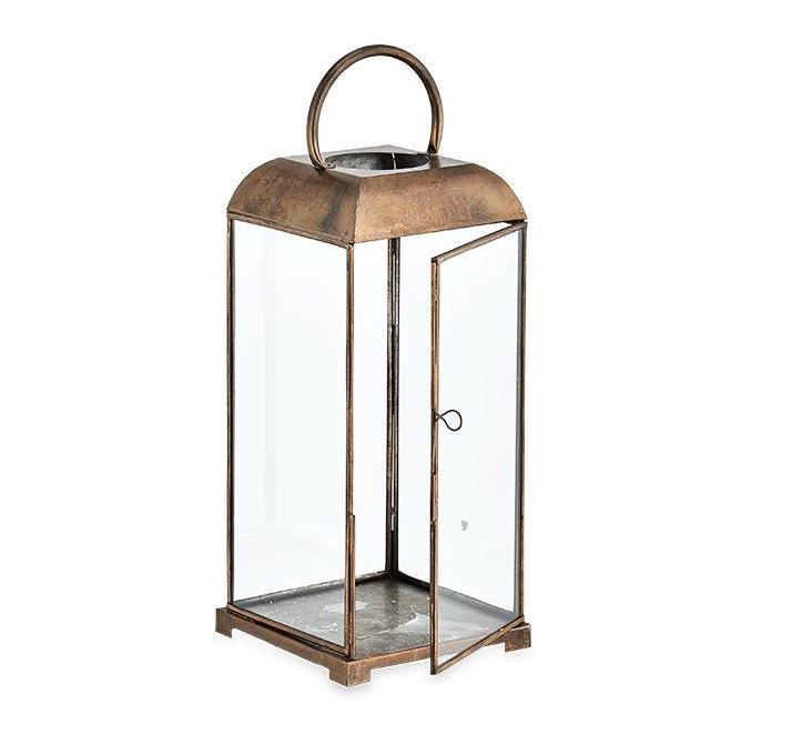 Greige Tall Antiqued Brass Metal Box Lantern - Kas - Two Sizes