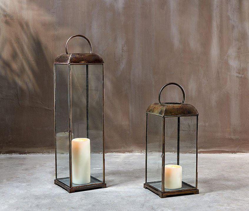 greige Tall Antiqued Brass Metal Box Lantern - Kas - Two Sizes