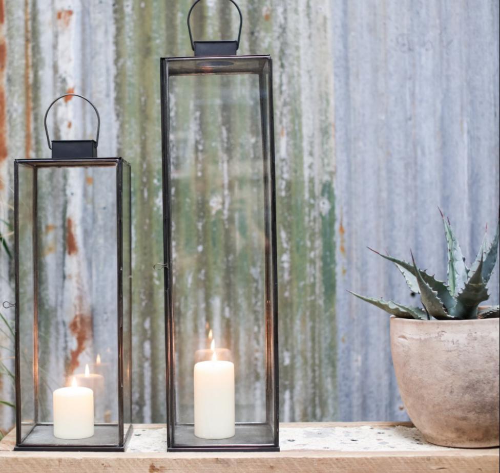 Greige Tall Antiqued Metal Box Lantern - Sienna - Three Sizes