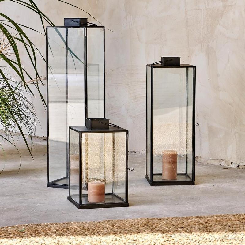 greige Tall Antiqued Metal Box Lantern - Sienna - Three Sizes