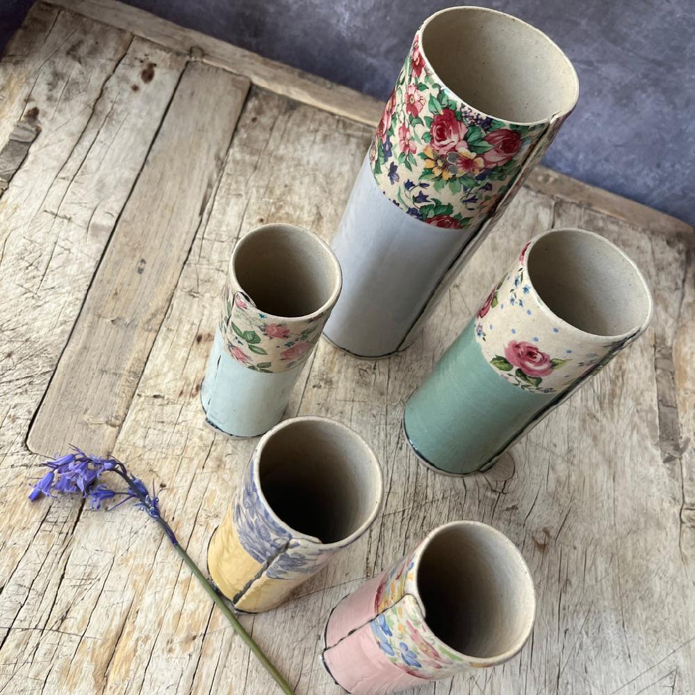 Greige Tall Handmade Ceramic Bud Vase By Virginia Graham - Blue Grey