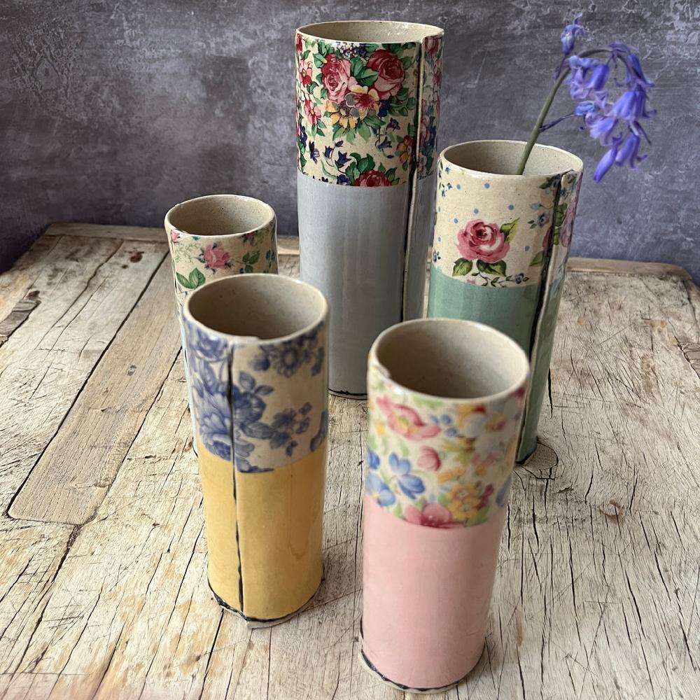 Greige Tall Handmade Ceramic Bud Vase By Virginia Graham - Blue Grey