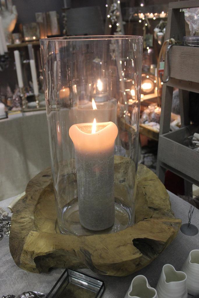 Greige Teak Based Glass Hurricane Or Vase - Two Sizes