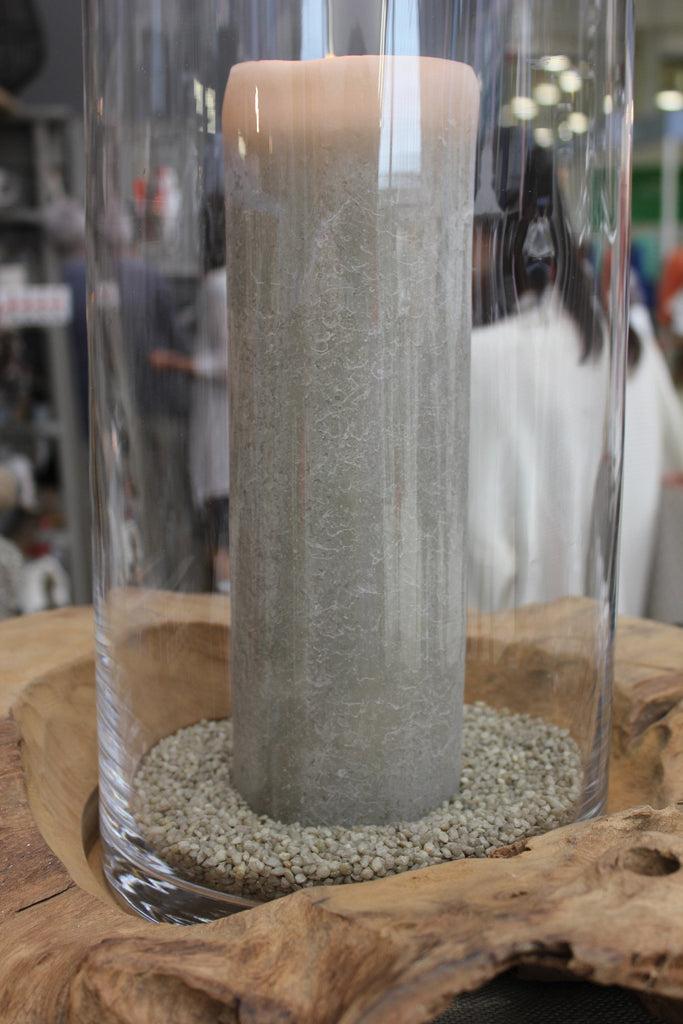 greige Teak Based Glass Hurricane or Vase - Two Sizes