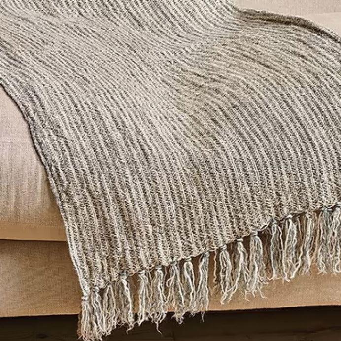 Greige Textured Linen Green Stripe Throw - 140x200 Cm