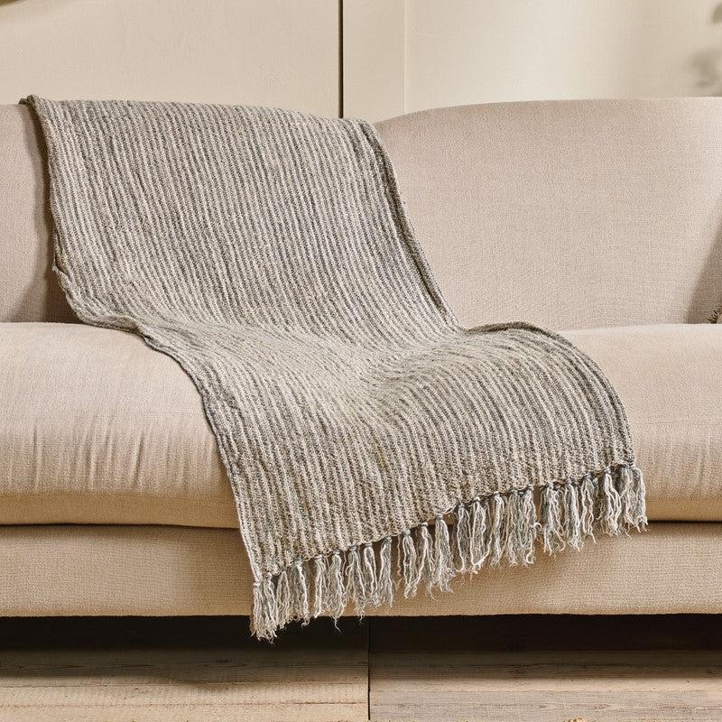 greige Textured Linen Green Stripe Throw - 140x200 cm
