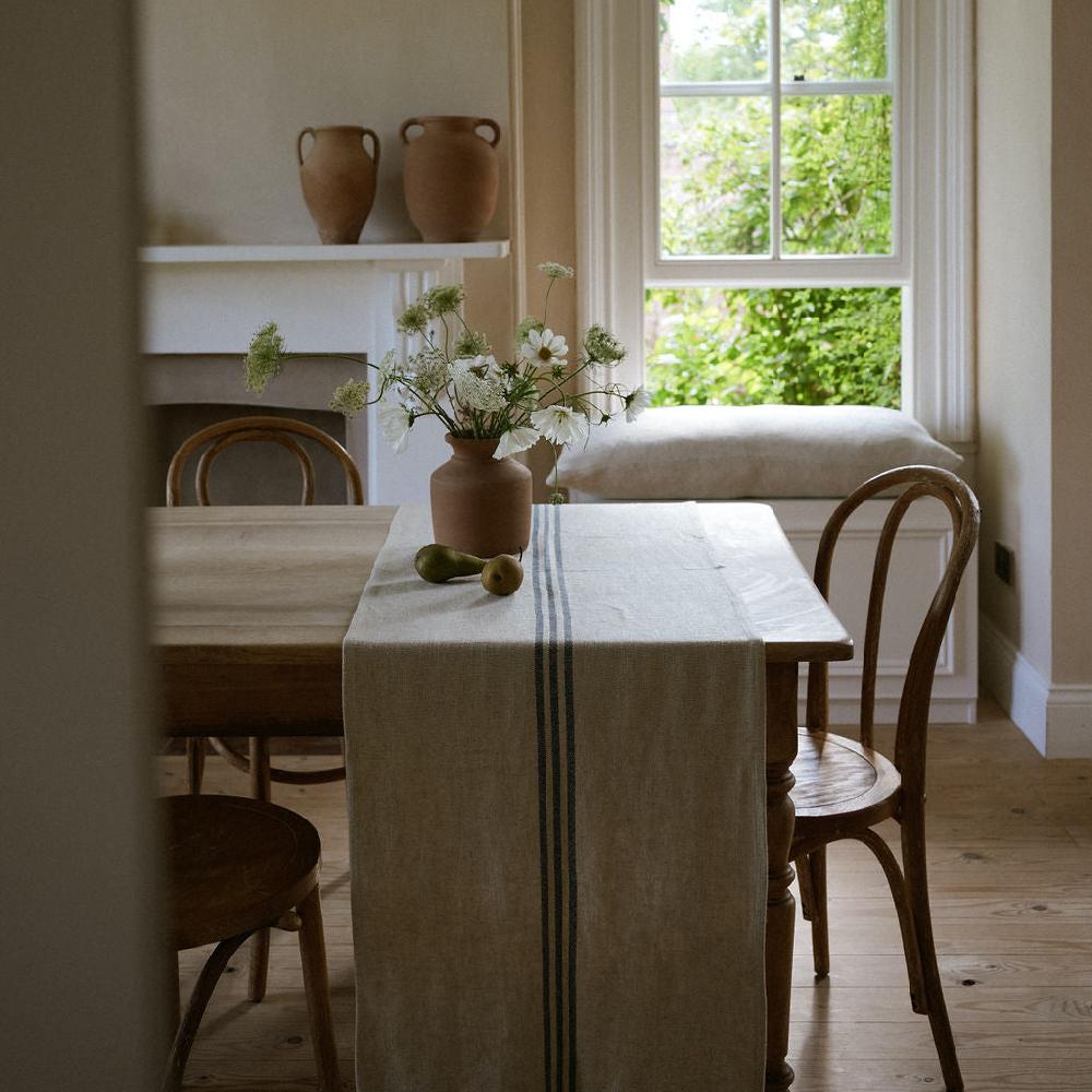 Greige Timeless Linen Mix Table Runner - Versailles Stripe - Blue