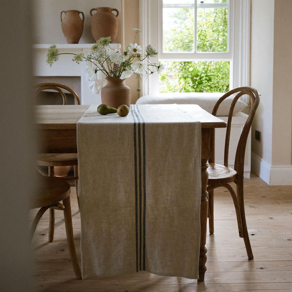 greige Timeless Linen Mix Table Runner - Versailles Stripe - Blue