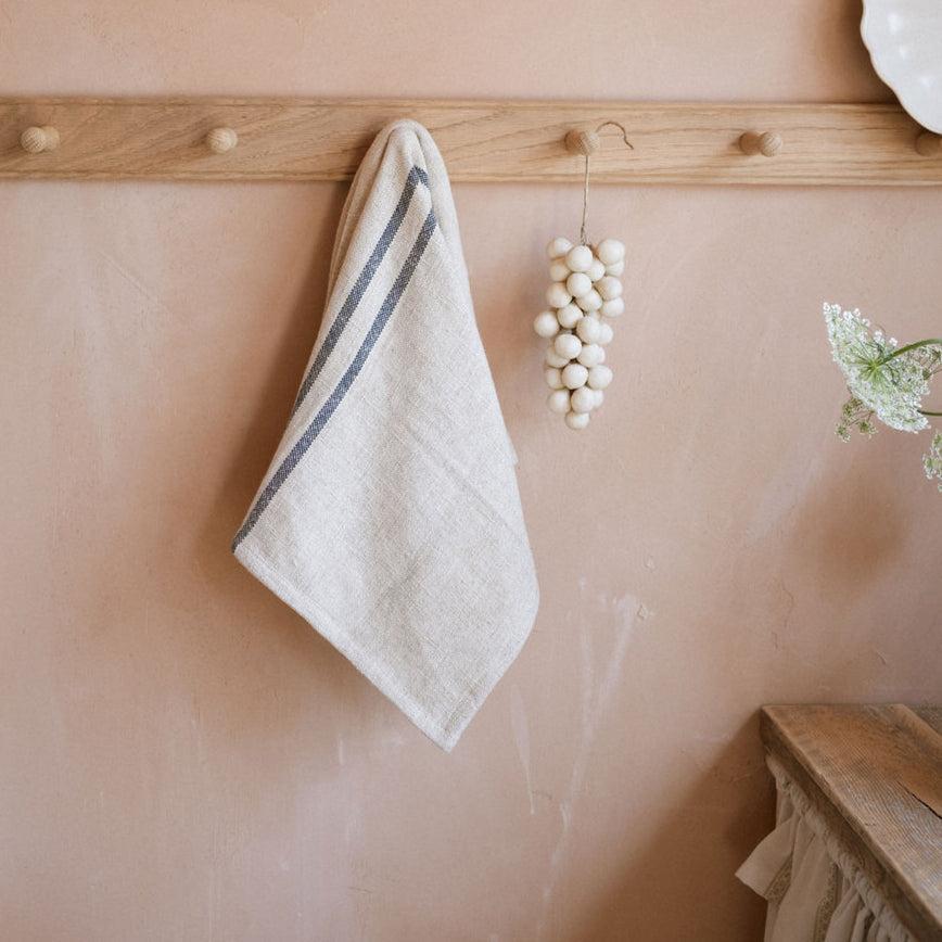 greige Timeless Linen Mix Tea or Hand Towel - Versailles Stripe - Blue