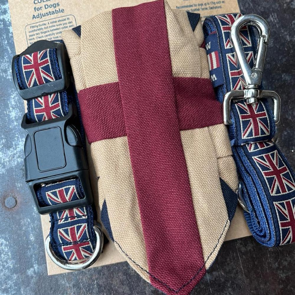 Greige Vintage Style Union Jack Dog Bandana Collar And Lead Set