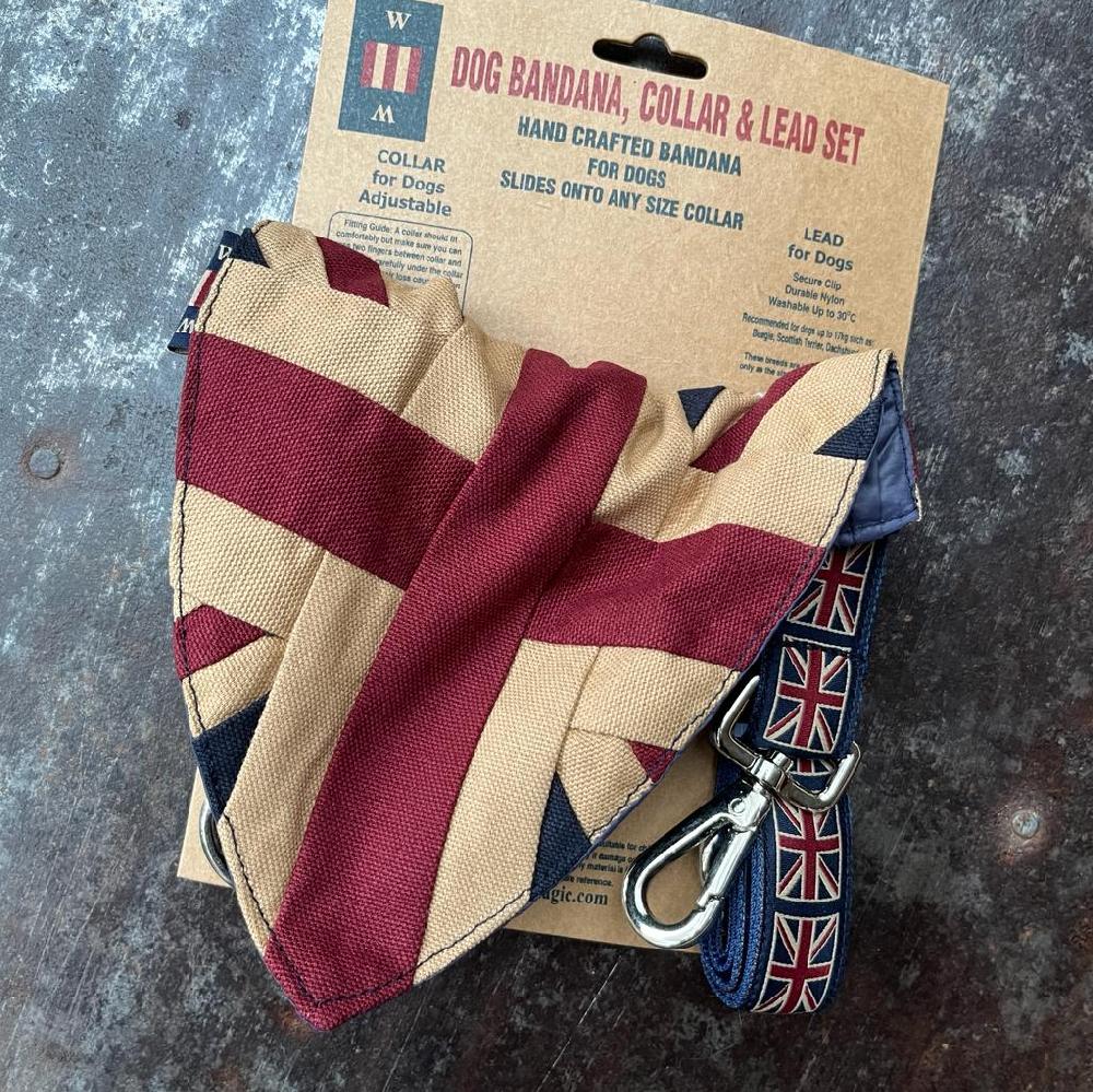 Greige Vintage Style Union Jack Dog Bandana Collar And Lead Set